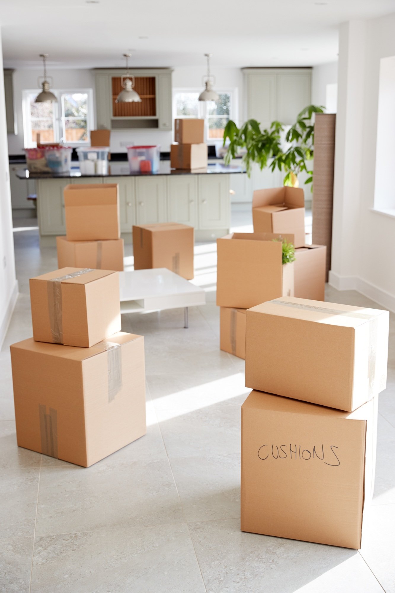 Stacked Removal Boxes In Empty Room On Moving Day